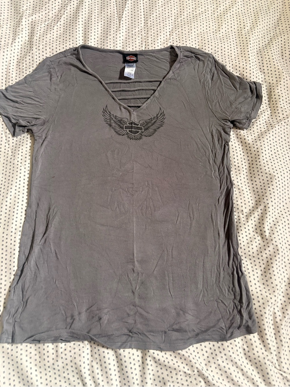 Harley-Davidson Gray Strappy V‑Neck Tee with Winged Logo